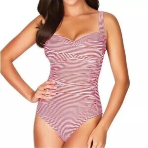 Niptuck Striped Cross Front MULTIFIT One Piece Swimsuit in Burgundy White